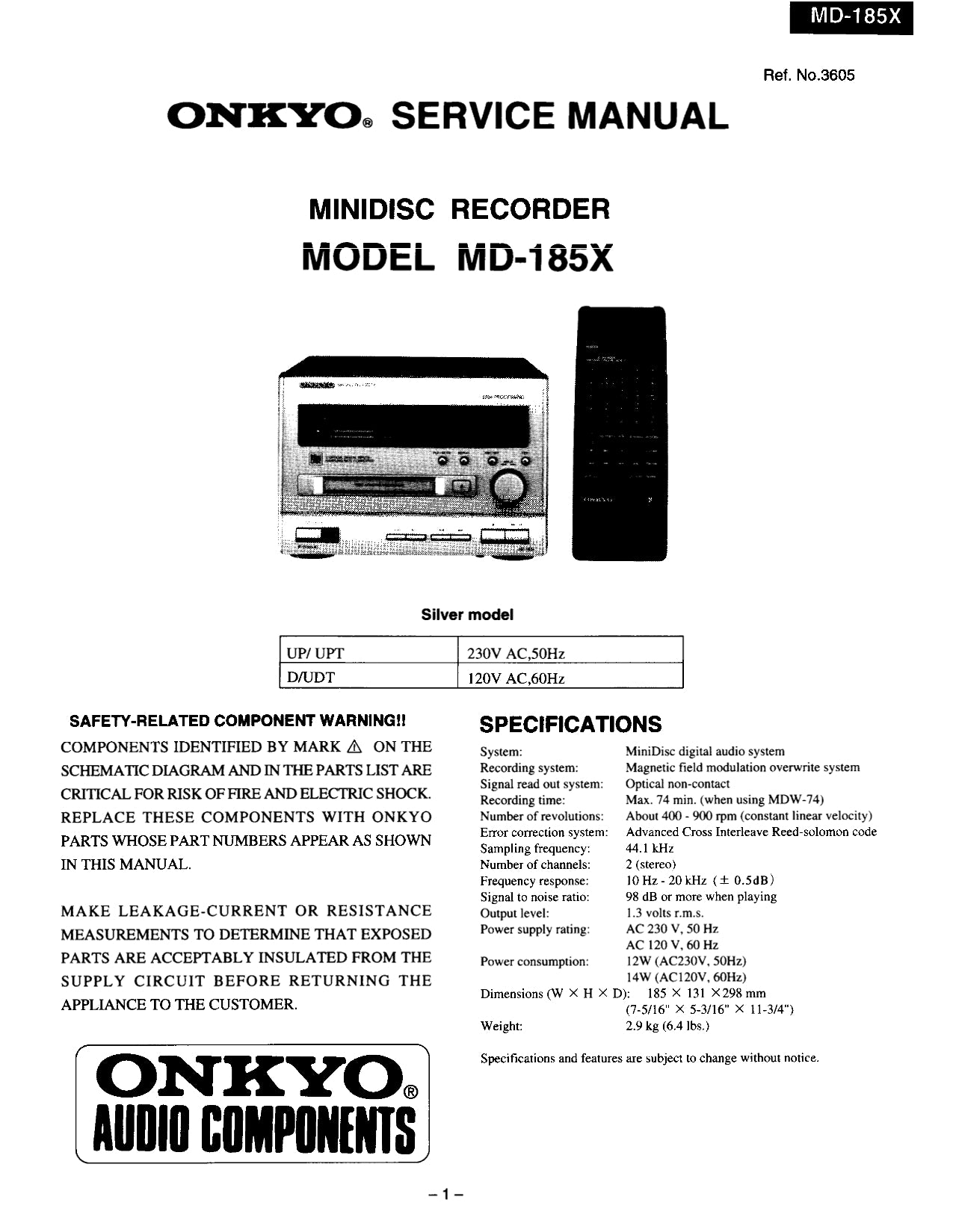 Onkyo MD-185X Mini Disc Recorder Service Manual (Pages: 32)