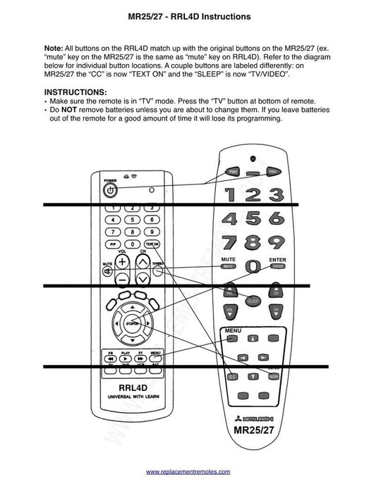 Mitsubishi MR25/27 DiagramOM Universal Remote Control Operating Manual