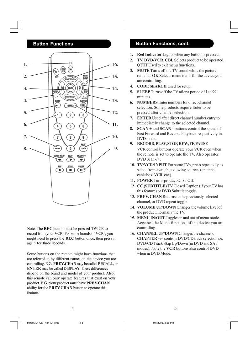 Philips MRU1300/17OM Universal Remote Control Operating Manual