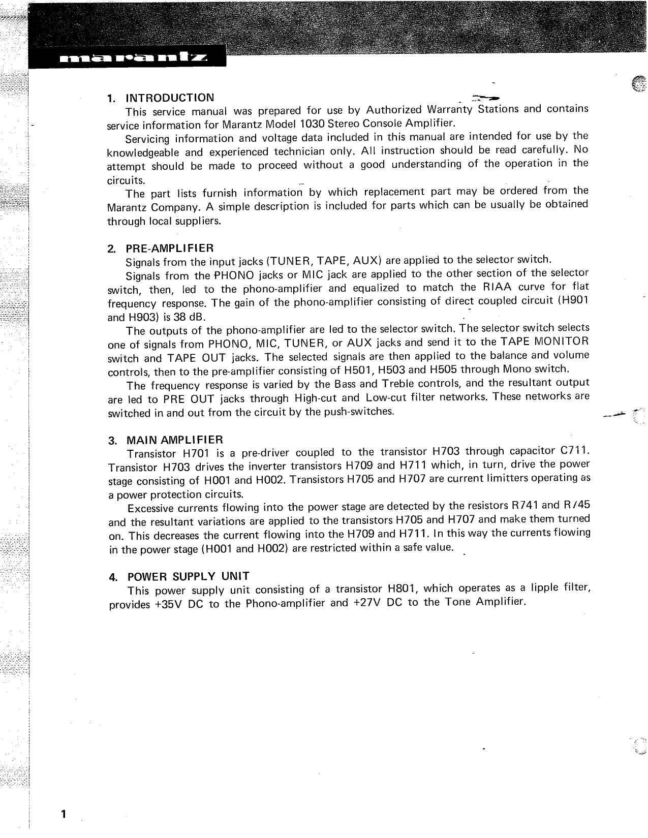 Marantz Model 1030 Console Stereo Amplifier Service Manual (Pages: 24)