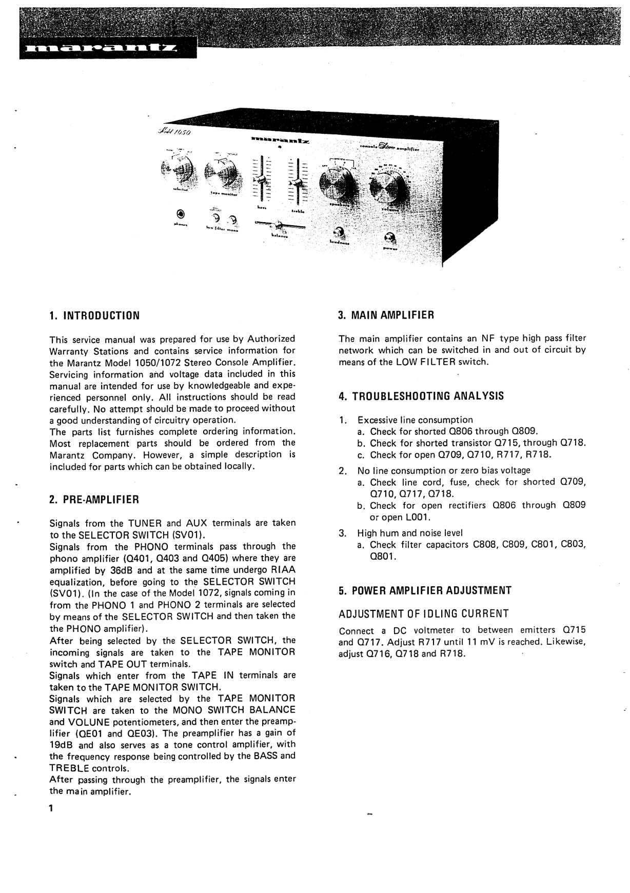 Marantz Model 1050 & 1072 Stereophonic Amplifier Service Manual (Pages: 27)