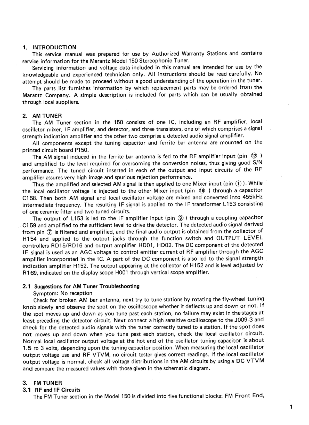 Marantz Model 150 FM/AM Stereophonic Tuner Service Manual (Pages: 38)