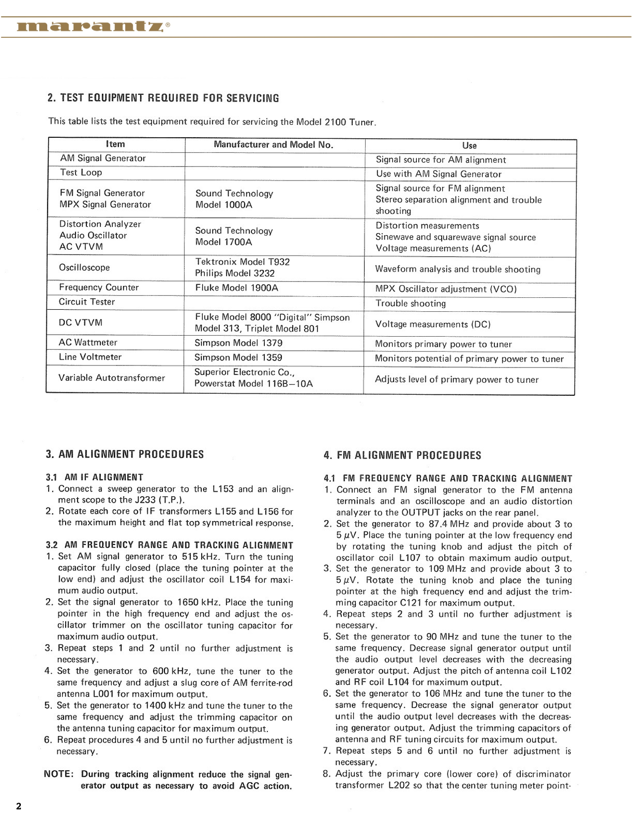 Marantz Model 2100 FM/AM Stereophonic Tuner Service Manual (Pages: 28)