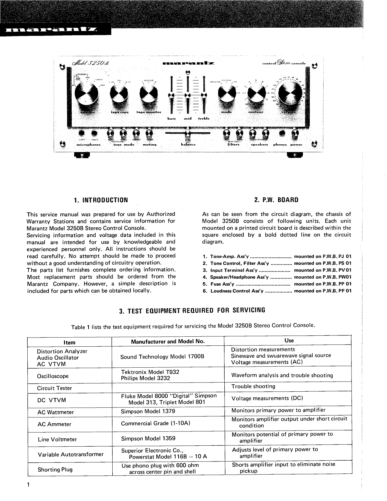 Marantz Model 3250B Stereo Control Console Service Manual (Pages: 20)
