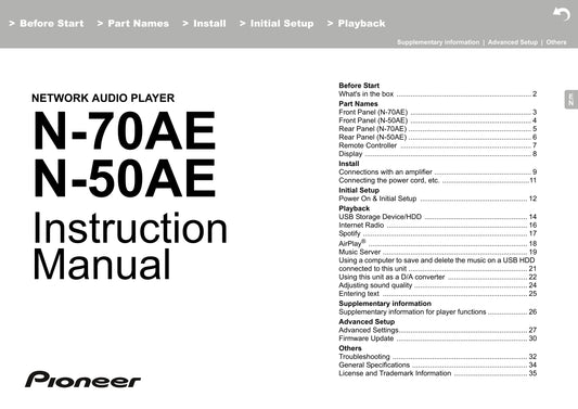 Pioneer N-50AE & N-70AE Network Audio Player Owner/ User Manual (Pages: 75)