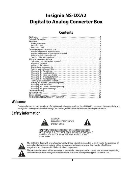 Insignia NSDXA2 Digital TV Tuner Converter Box Operating Manual