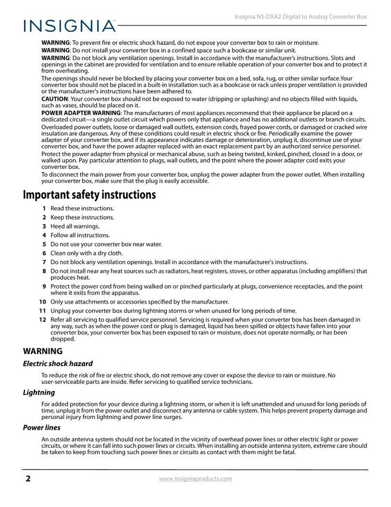 Insignia NSDXA2 Digital TV Tuner Converter Box Operating Manual