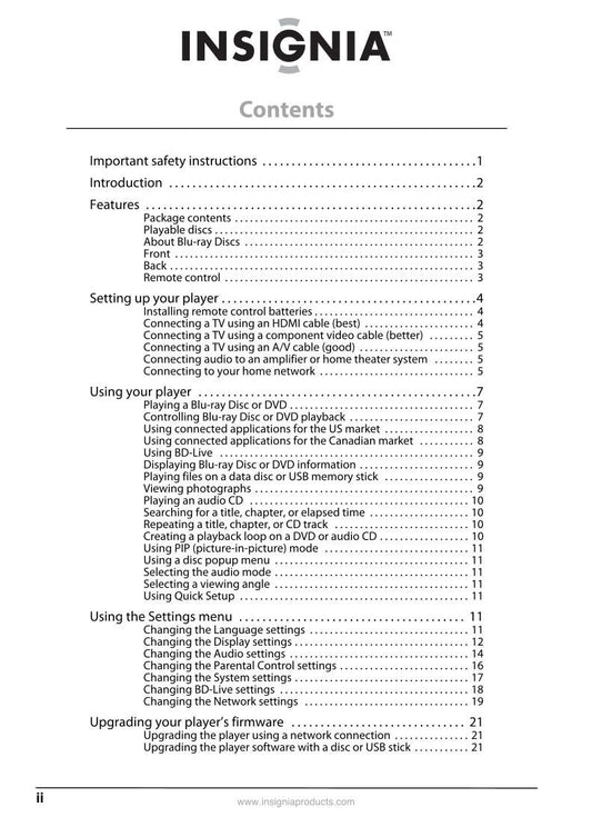 Insignia NSWBRDVD2 Blu-Ray DVD Player Operating Manual