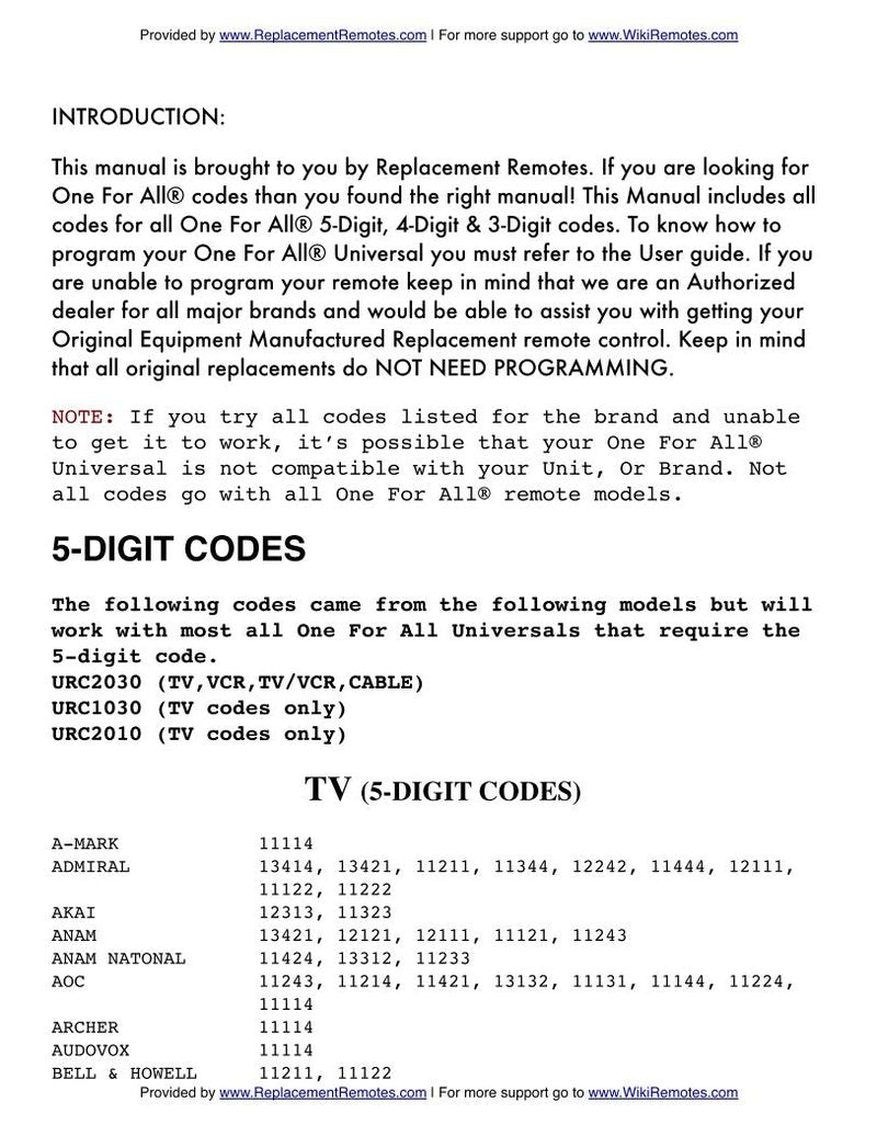 One For All One for All CodesOM Universal Remote Control Operating Manual