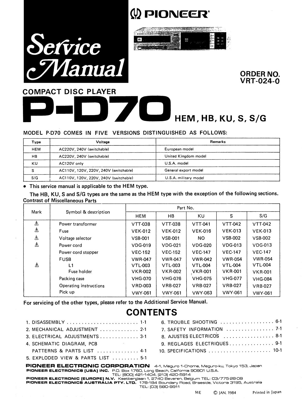 Pioneer P-D70 CD Player Service Manual (Pages: 122)