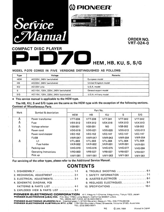 Pioneer P-D70 CD Player Service Manual (Pages: 122)