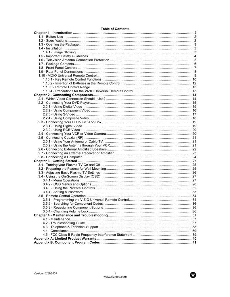 Vizio P42HDTV10A TV Operating Manual