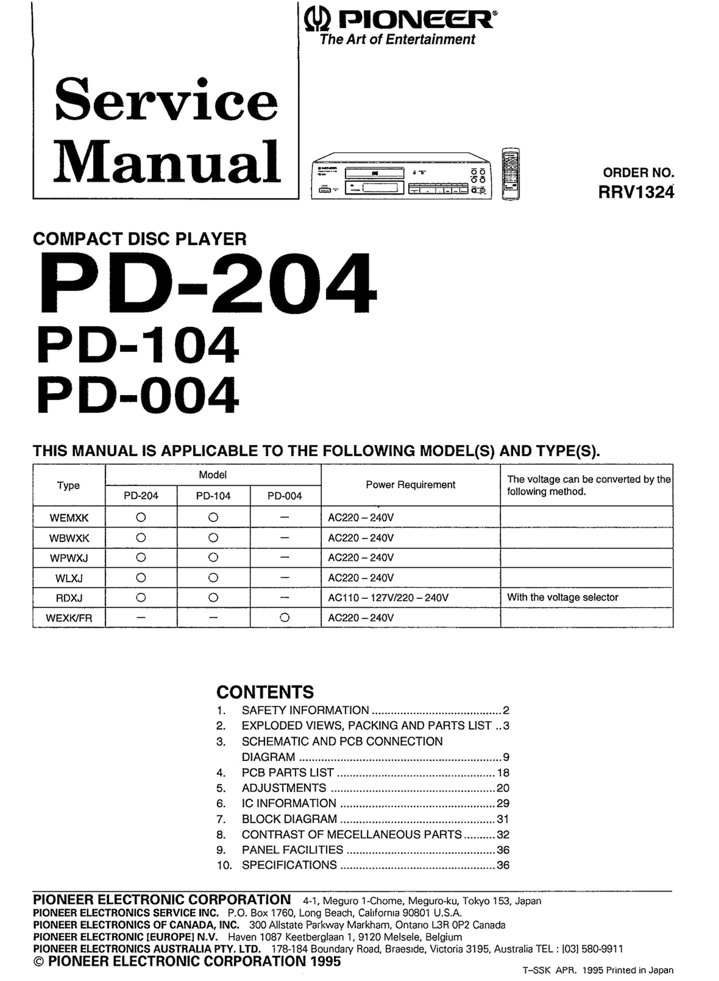 Pioneer PD-004, PD-104 & PD-204 CD Player Owner & Service Manual (Pages: 38)
