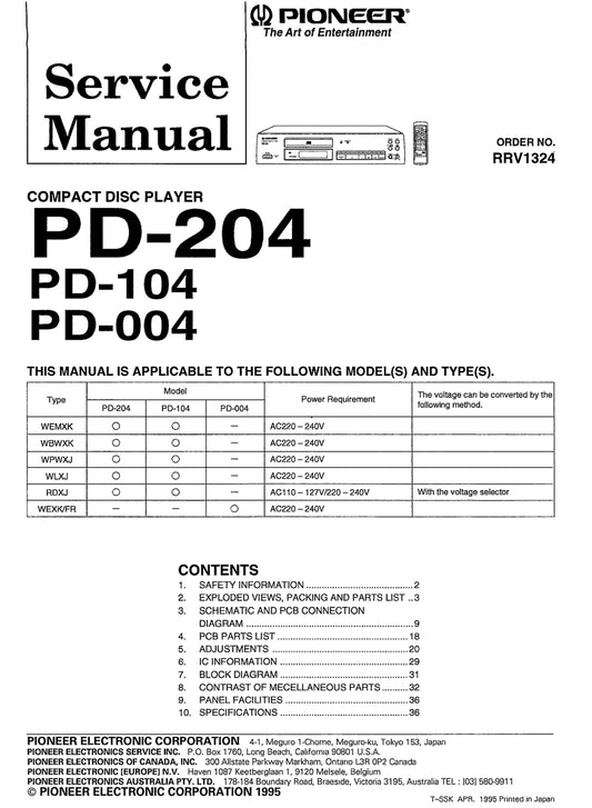 Pioneer PD-004, PD-104 & PD-204 CD Player Owner & Service Manual (Pages: 38)
