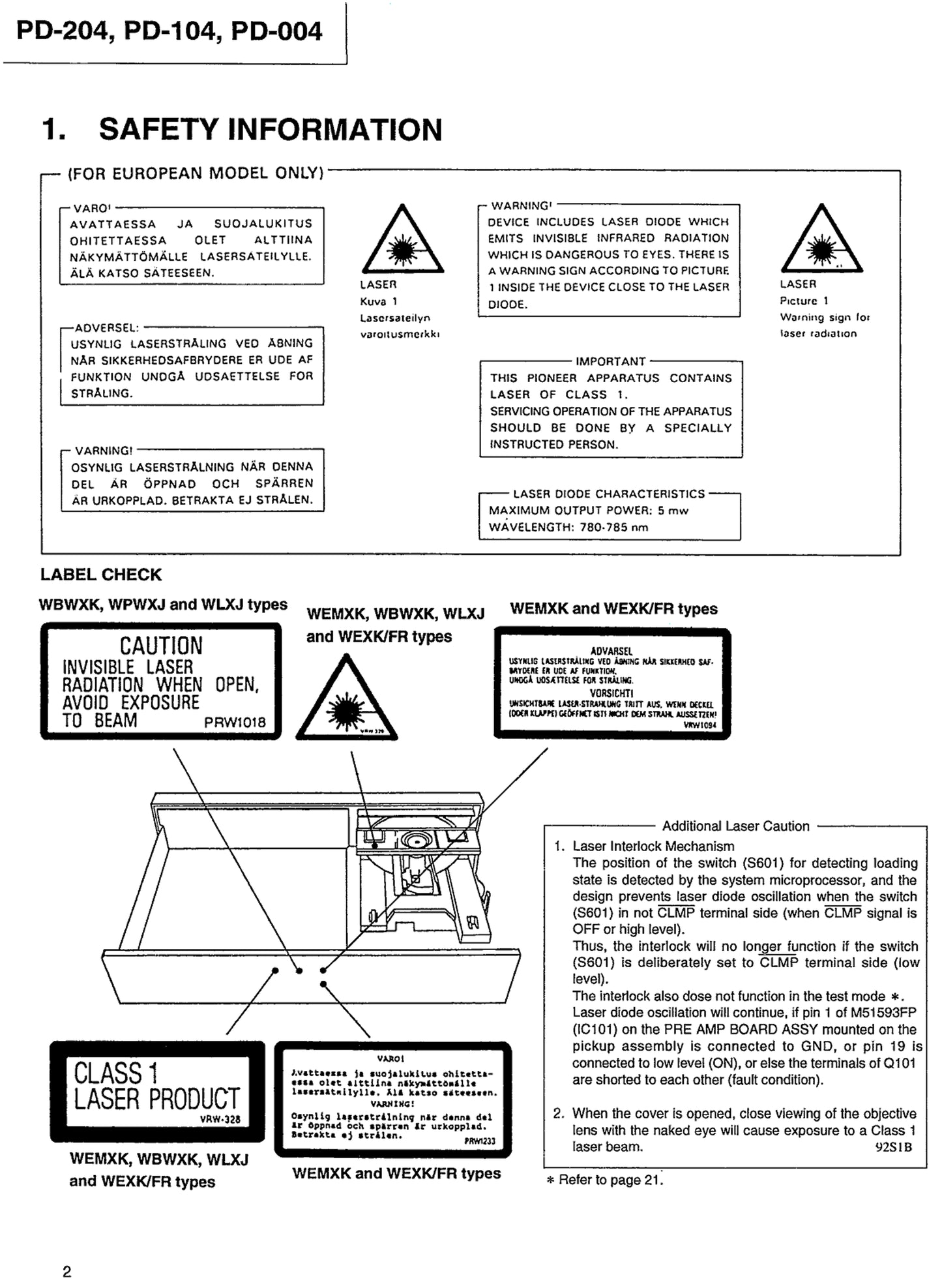 Pioneer PD-004, PD-104 & PD-204 CD Player Owner & Service Manual (Pages: 38)