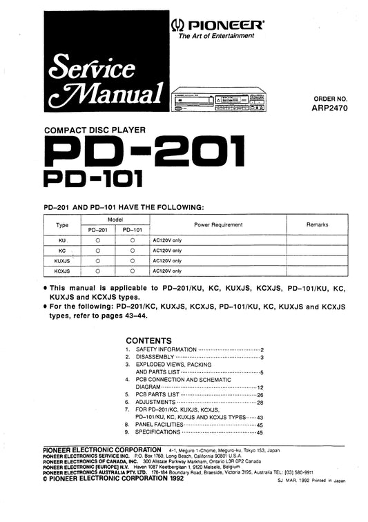 Pioneer PD-101 & PD-201 CD Player Owner & Service Manual (Pages: 49)