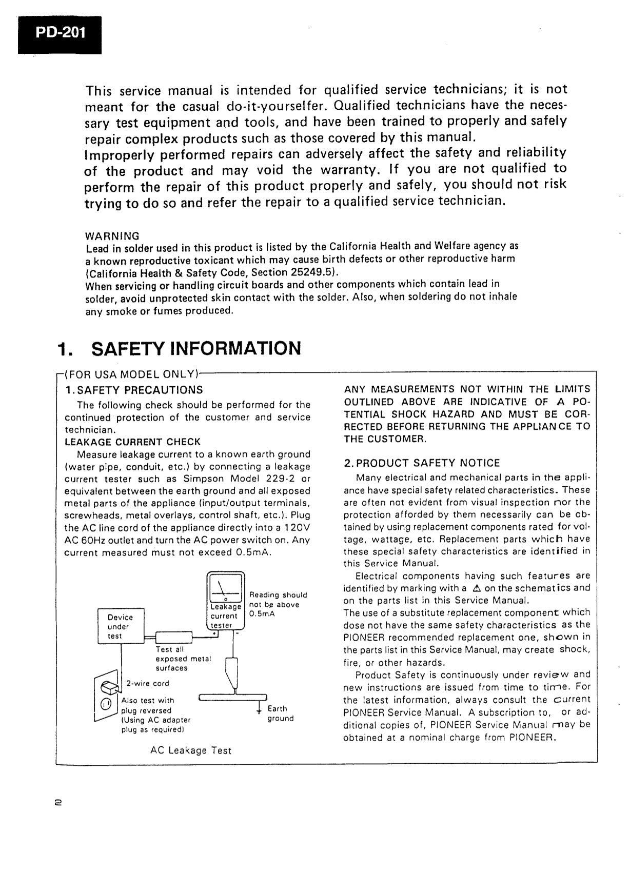 Pioneer PD-101 & PD-201 CD Player Owner & Service Manual (Pages: 49)