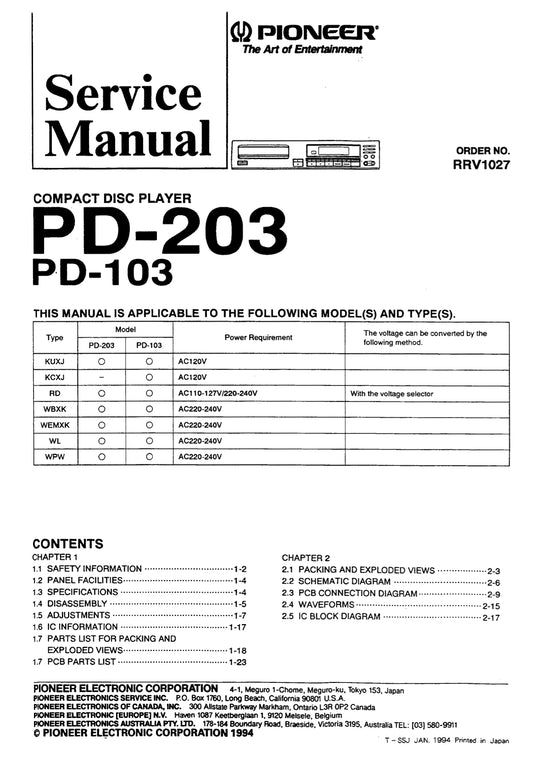 Pioneer PD-103 & PD-203 CD Player Service Manual (Pages: 41)
