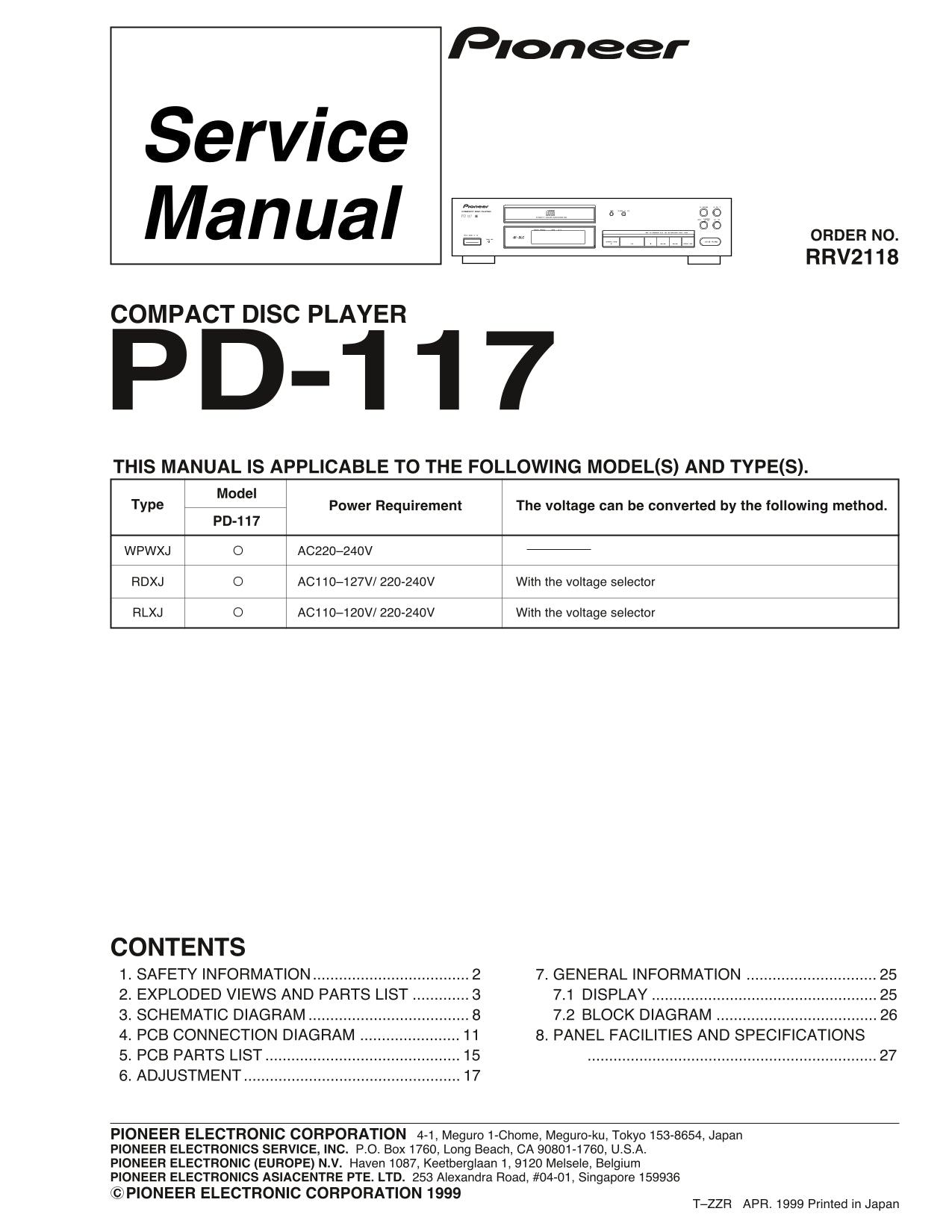 Pioneer PD-117 CD Player Service Manual (Pages: 27)