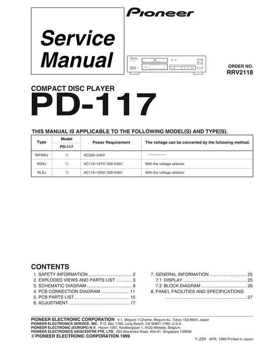 Pioneer PD-117 CD Player Service Manual (Pages: 27)