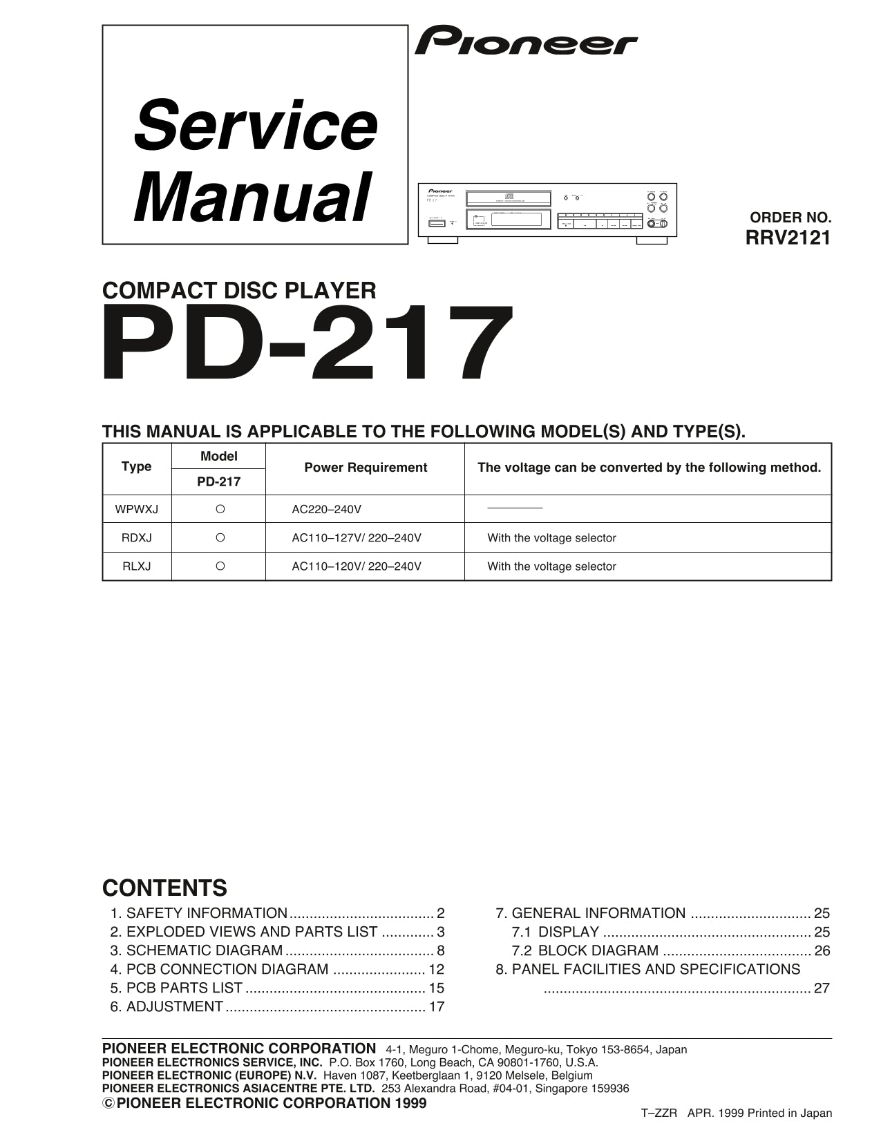 Pioneer PD-217 CD Player Service Manual (Pages: 28)