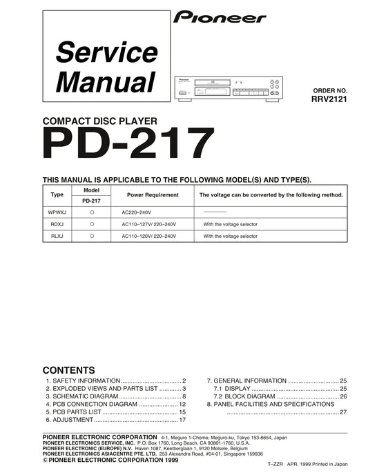 Pioneer PD-217 CD Player Service Manual (Pages: 28)