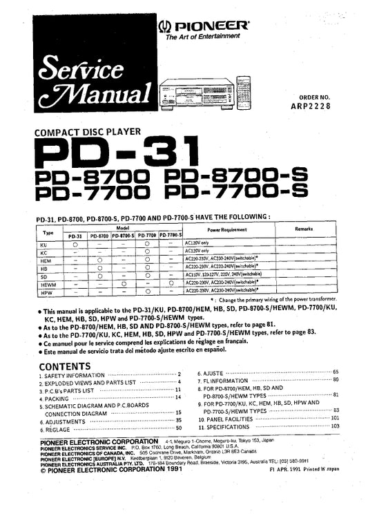 Pioneer PD-31, PD-7700 & PD-8700 CD Player Service Manual (Pages: 54)
