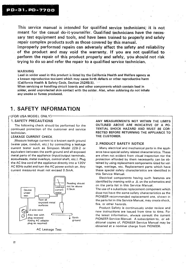 Pioneer PD-31, PD-7700 & PD-8700 CD Player Service Manual (Pages: 54)