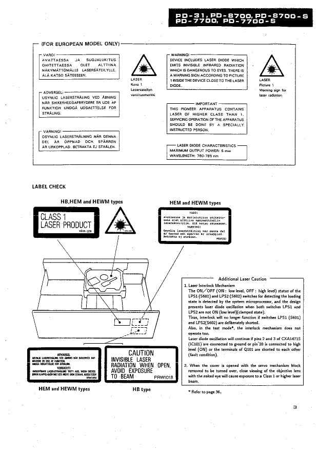 Pioneer PD-31, PD-7700 & PD-8700 CD Player Service Manual (Pages: 54)