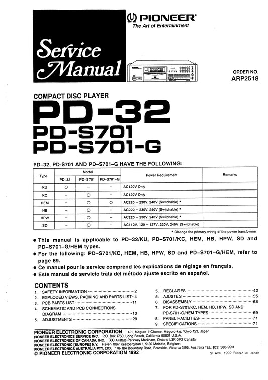 Pioneer PD-32, PD-S701 & PD-S701-G CD Player Service Manual (Pages: 65)