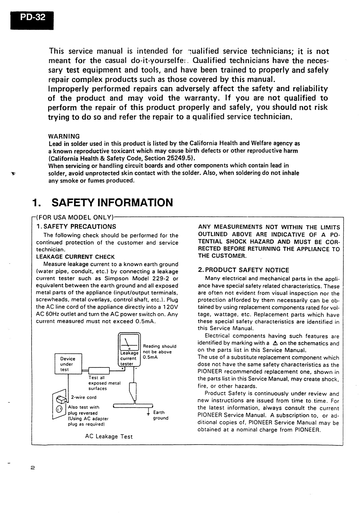 Pioneer PD-32, PD-S701 & PD-S701-G CD Player Service Manual (Pages: 65)