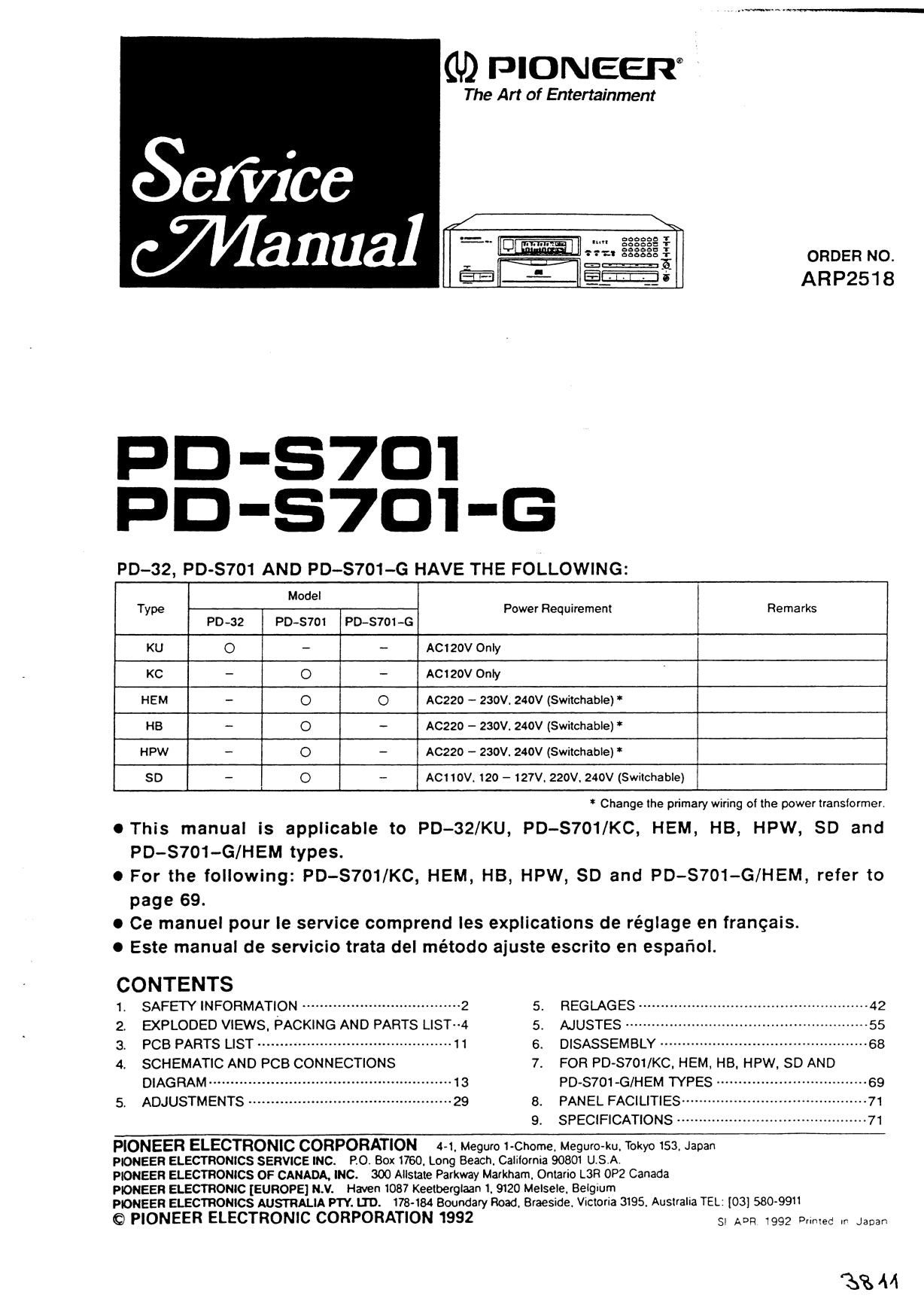 Pioneer PD-32, PD-S701 & PD-S701-G CD Player Service Manual (Pages: 65)