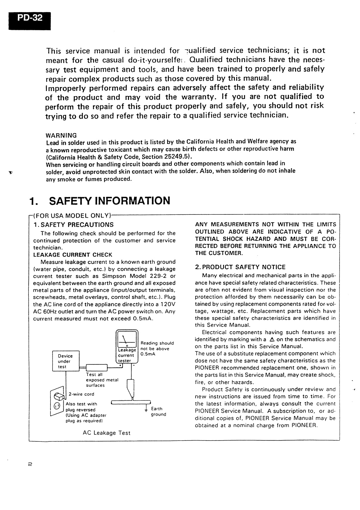 Pioneer PD-32, PD-S701 & PD-S701-G CD Player Service Manual (Pages: 65)
