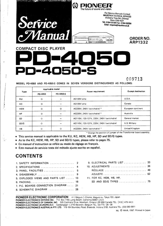 Pioneer PD-4050 & PD-4050-S CD Player Service Manual (Pages: 25)
