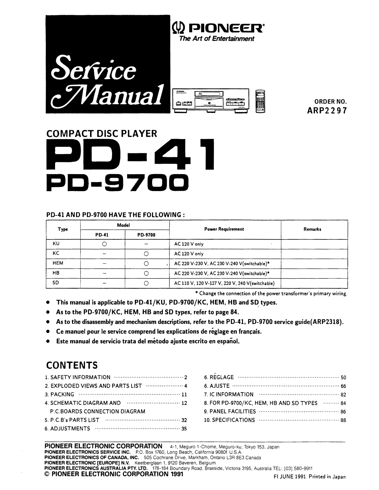 Pioneer PD-41 & PD-9700 CD Player Service Manual (Pages: 42)