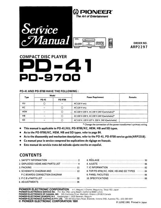 Pioneer PD-41 & PD-9700 CD Player Service Manual (Pages: 42)