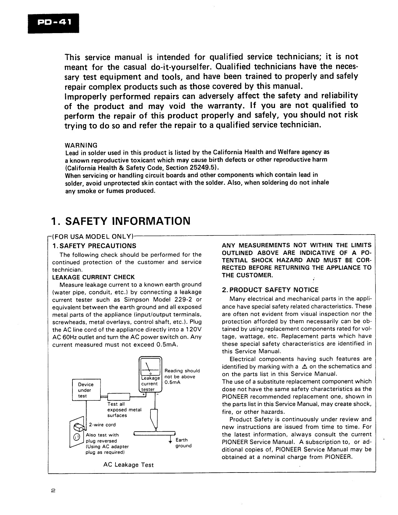 Pioneer PD-41 & PD-9700 CD Player Service Manual (Pages: 42)