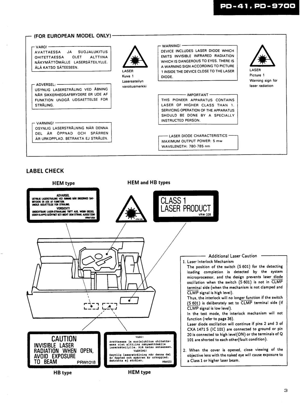 Pioneer PD-41 & PD-9700 CD Player Service Manual (Pages: 42)