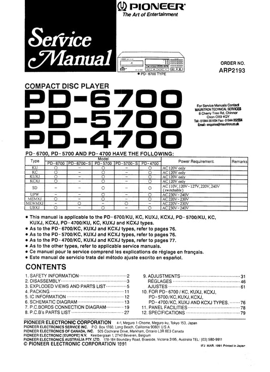 Pioneer PD-4700, PD-5700 & PD-6700 CD Player Service Manual (Pages: 99)