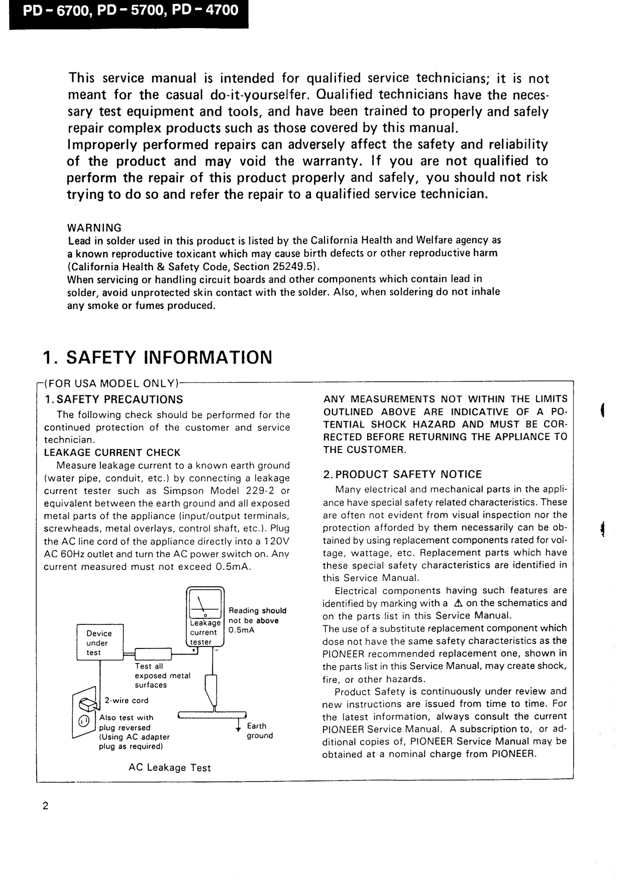 Pioneer PD-4700, PD-5700 & PD-6700 CD Player Service Manual (Pages: 99)