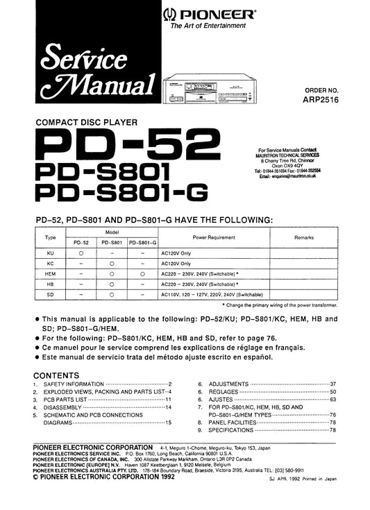 Pioneer PD-52 & PD-S801 CD Player Service Manual (Pages: 89)