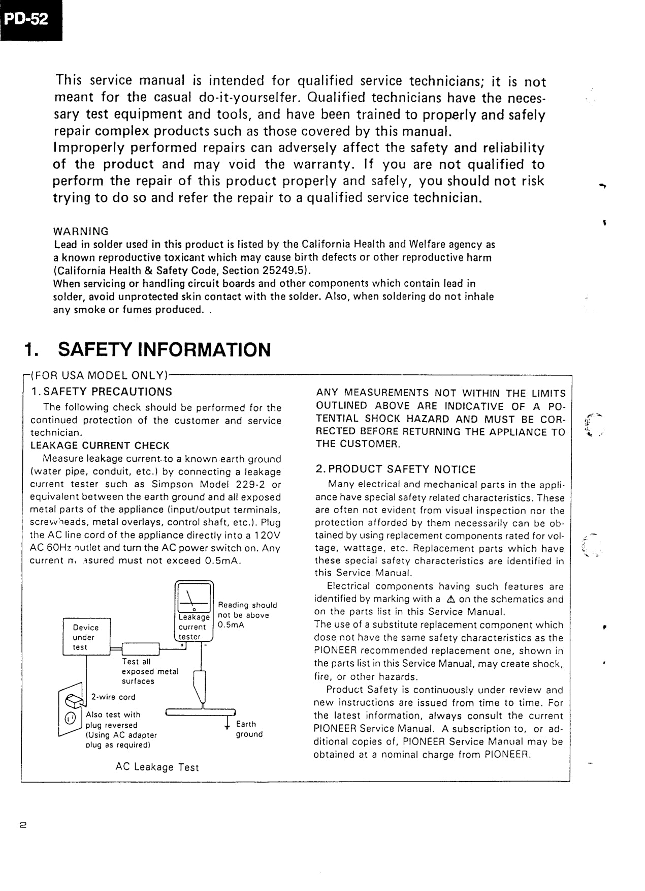 Pioneer PD-52 & PD-S801 CD Player Service Manual (Pages: 89)