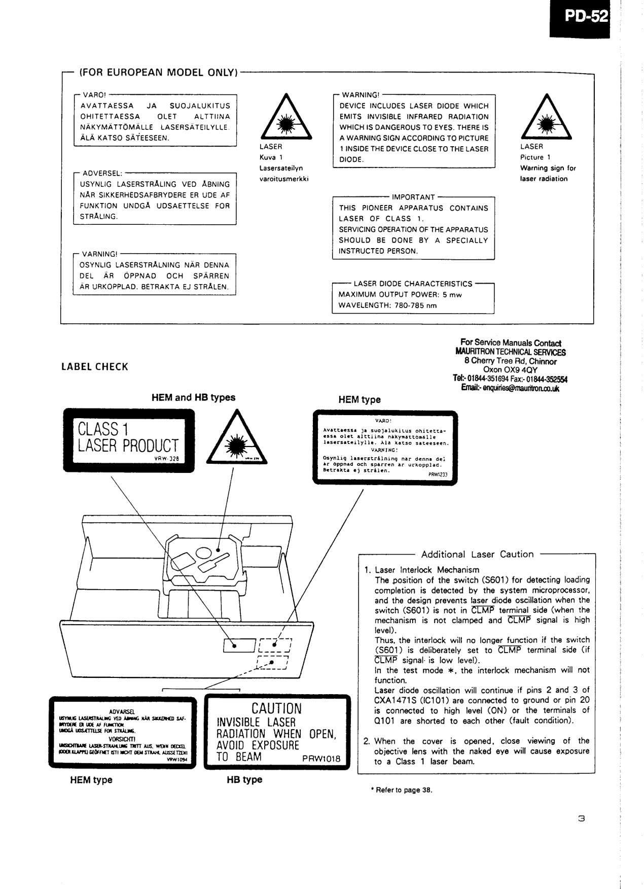 Pioneer PD-52 & PD-S801 CD Player Service Manual (Pages: 89)