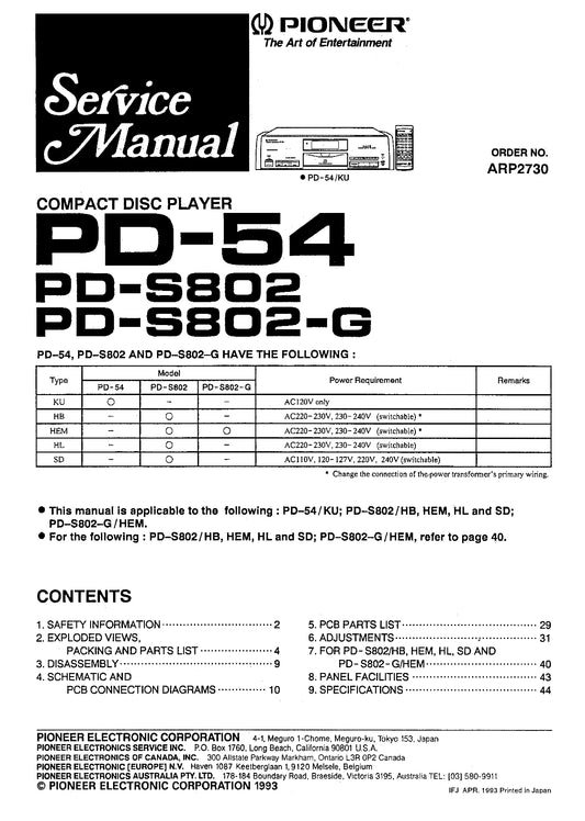Pioneer PD-54 & PD-S802 CD Player Service Manual (Pages: 36)