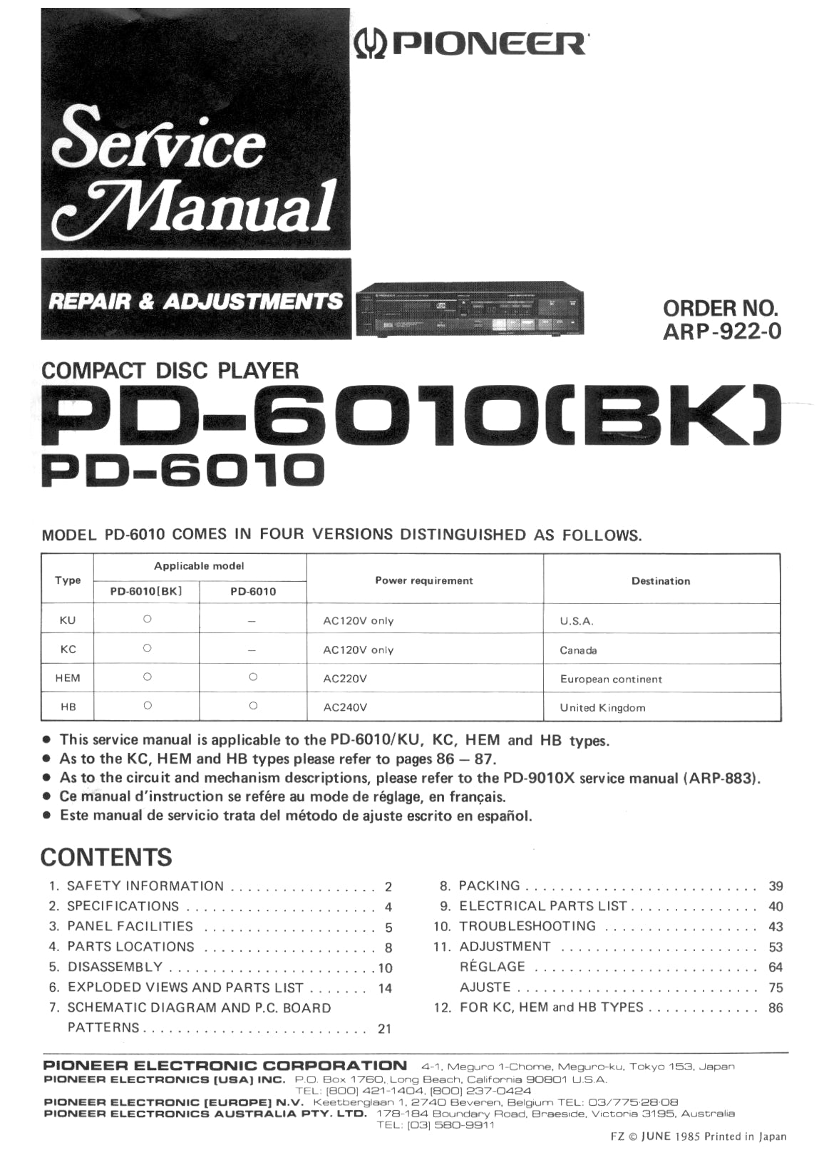Pioneer PD-6010 CD Player Service Manual (Pages: 37)