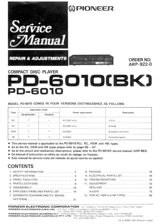 Pioneer PD-6010 CD Player Service Manual (Pages: 37)