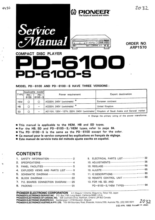Pioneer PD-6100 & PD-6100-S CD Player Service Manual (Pages: 74)