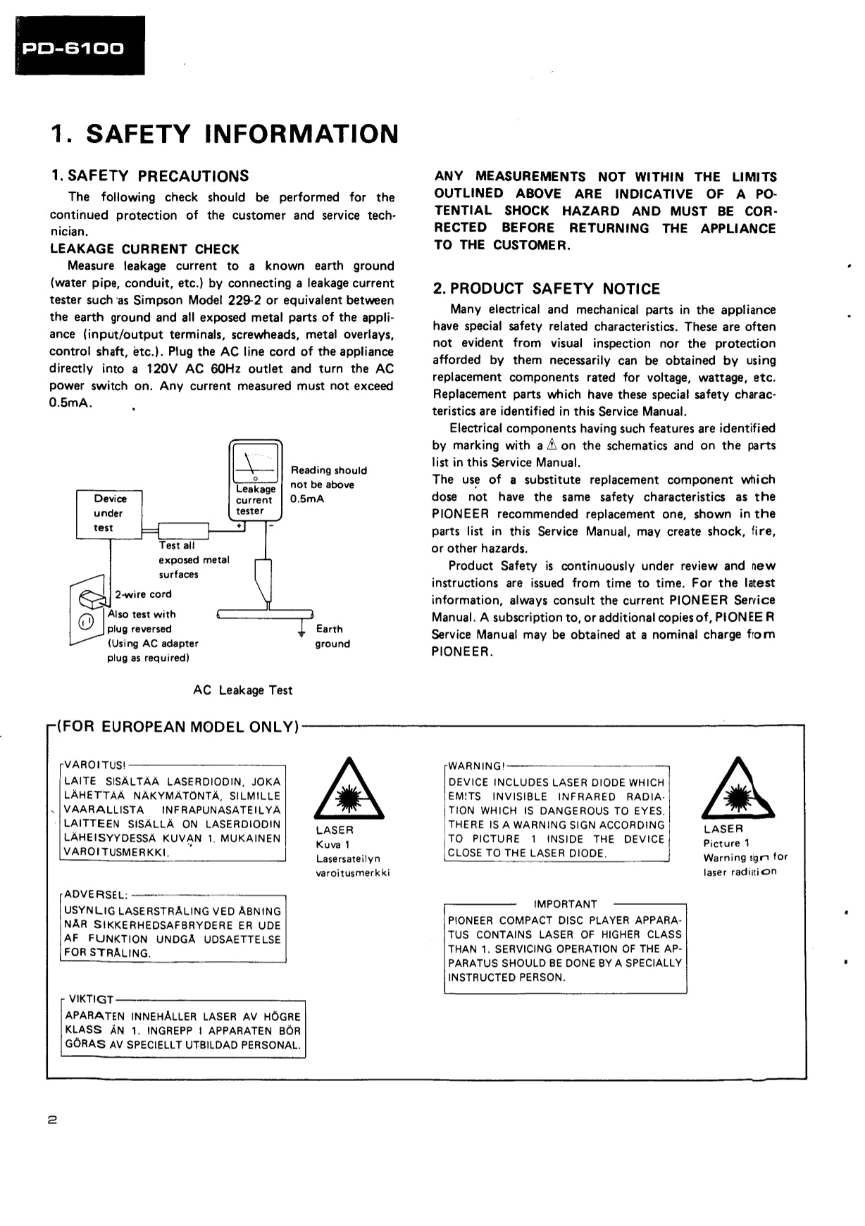 Pioneer PD-6100 & PD-6100-S CD Player Service Manual (Pages: 74)