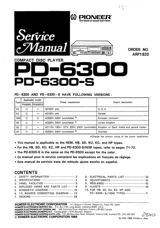 Pioneer PD-6300 & PD-6300-S CD Player Service Manual (Pages: 63)