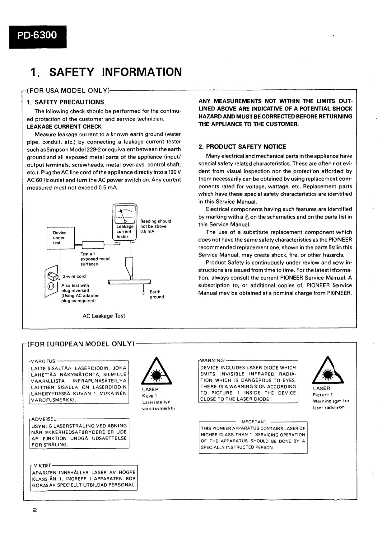 Pioneer PD-6300 & PD-6300-S CD Player Service Manual (Pages: 63)